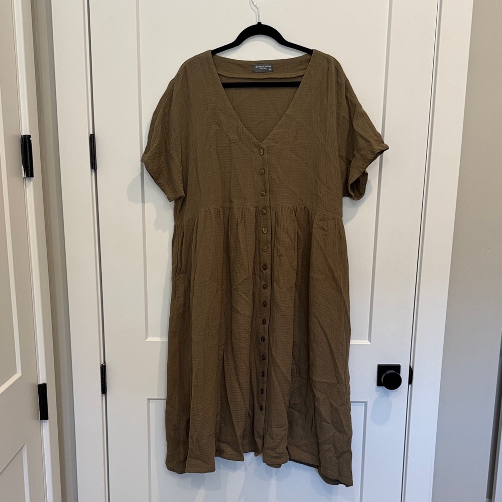 Size 3XL Olive Green muslin / gauze Button-Down Midi Dress
